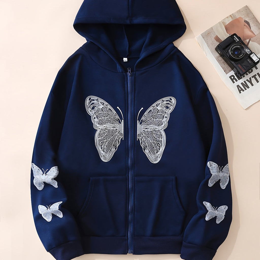 Y2K Butterfly Pattern Zip Up Hoodie, Casual Long Sleeve Drop Shoulder Hoodie, Women's Clothing