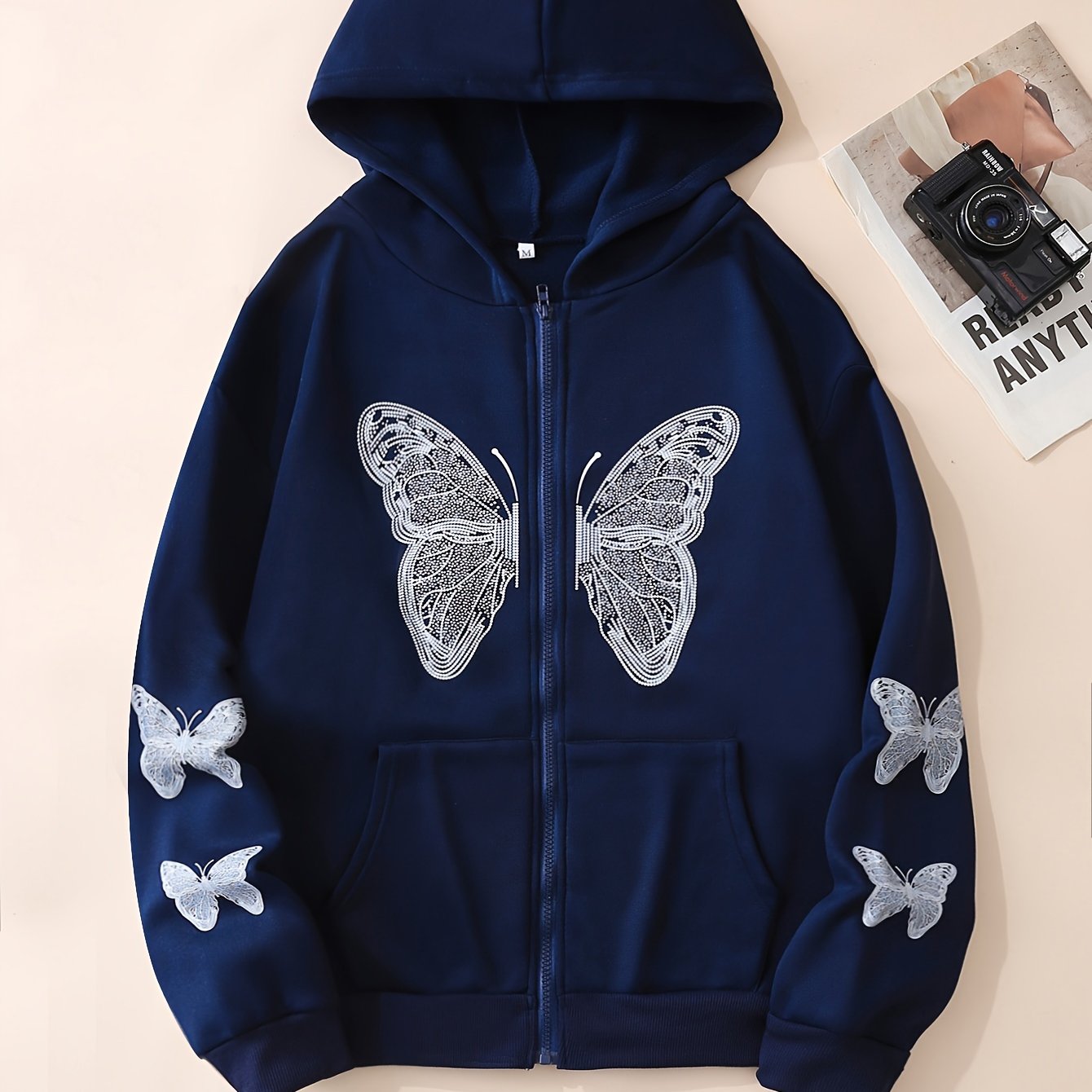 Y2K Butterfly Pattern Zip Up Hoodie, Casual Long Sleeve Drop Shoulder Hoodie, Women's Clothing