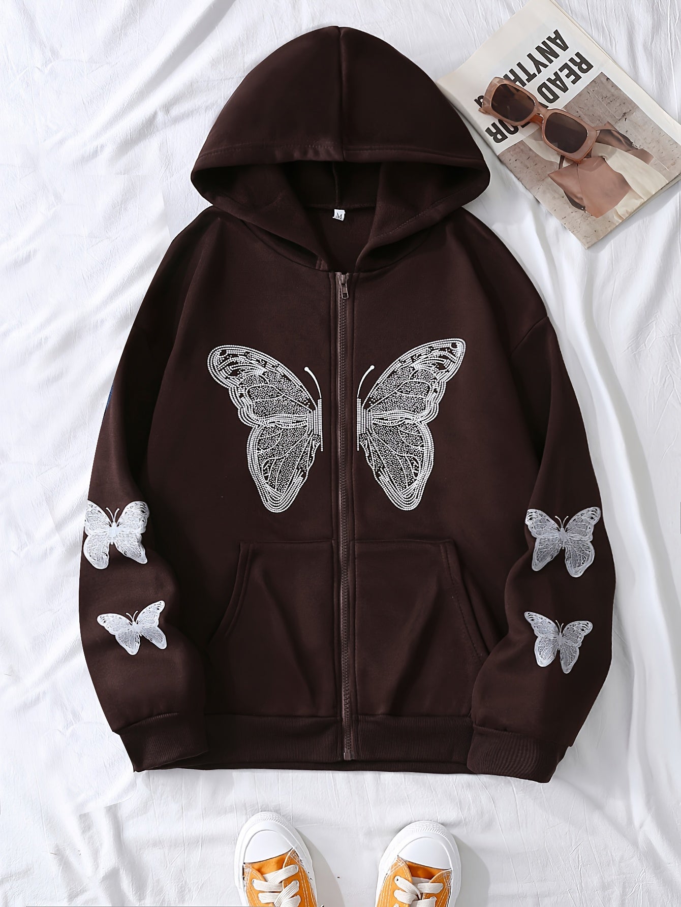 Y2K Butterfly Pattern Zip Up Hoodie, Casual Long Sleeve Drop Shoulder Hoodie, Women's Clothing