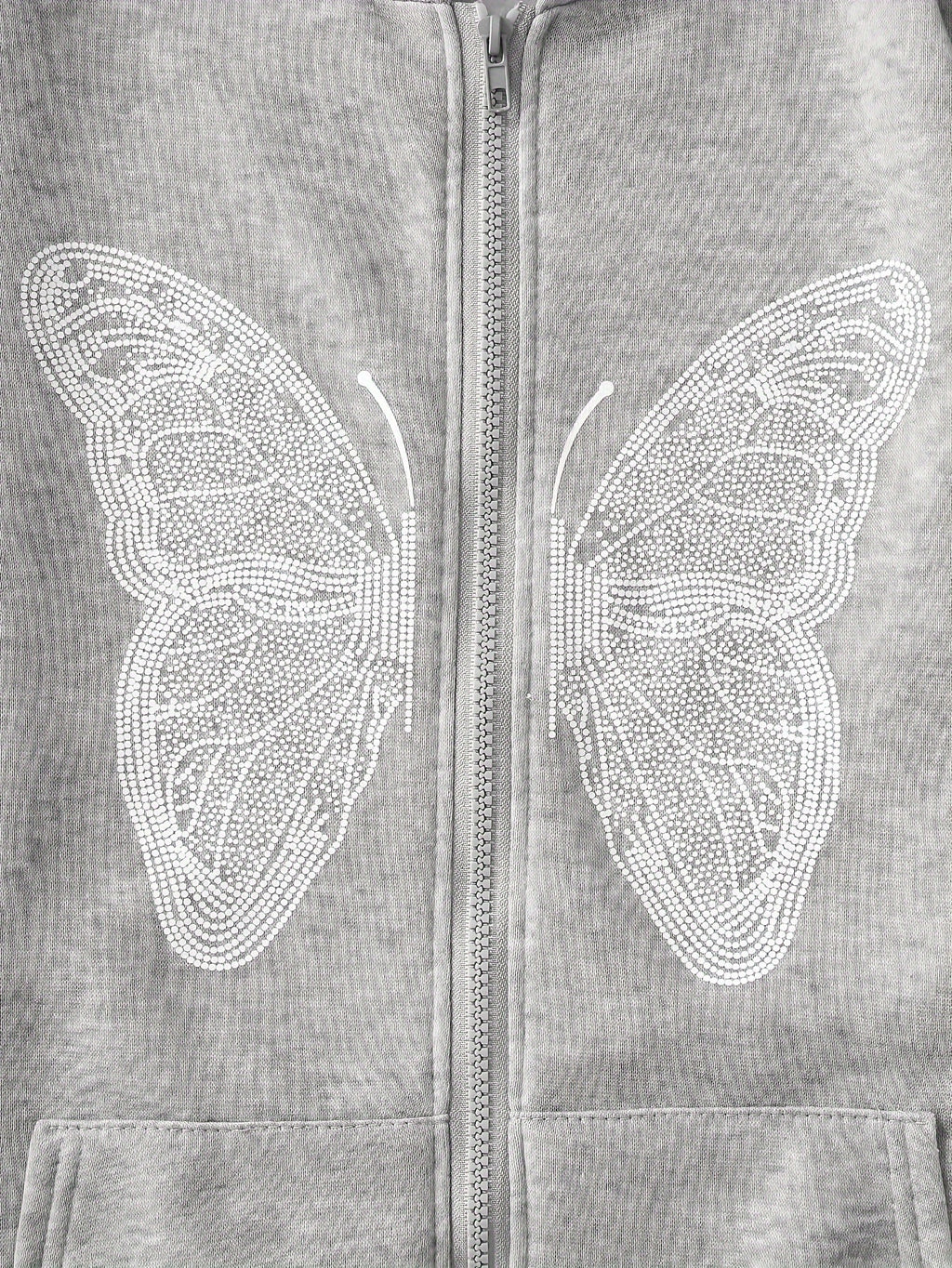 Y2K Butterfly Pattern Zip Up Hoodie, Casual Long Sleeve Drop Shoulder Hoodie, Women's Clothing