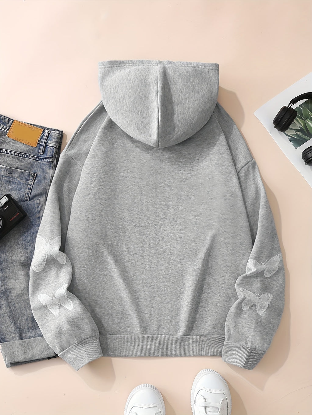 Y2K Butterfly Pattern Zip Up Hoodie, Casual Long Sleeve Drop Shoulder Hoodie, Women's Clothing