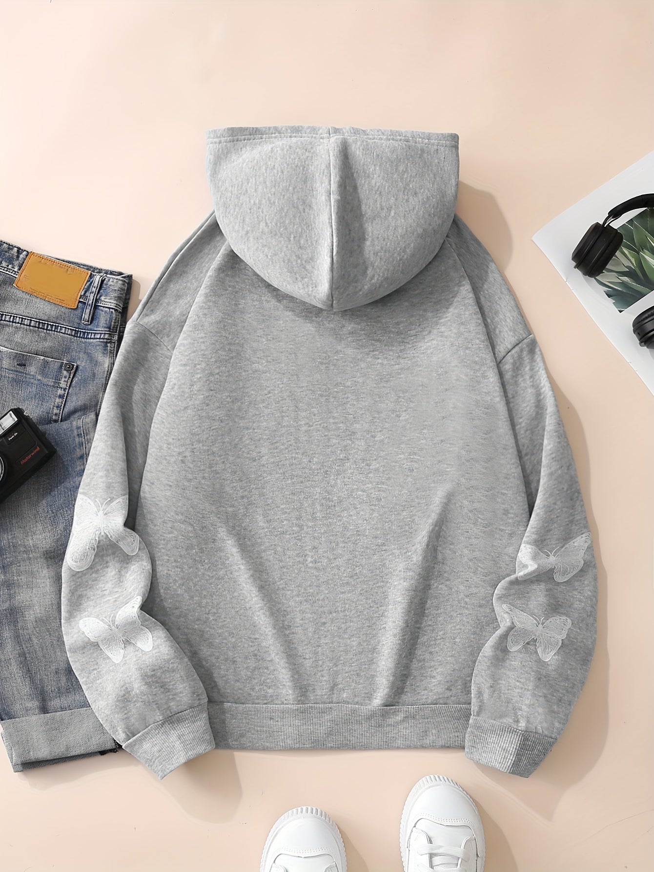 Y2K Butterfly Pattern Zip Up Hoodie, Casual Long Sleeve Drop Shoulder Hoodie, Women's Clothing