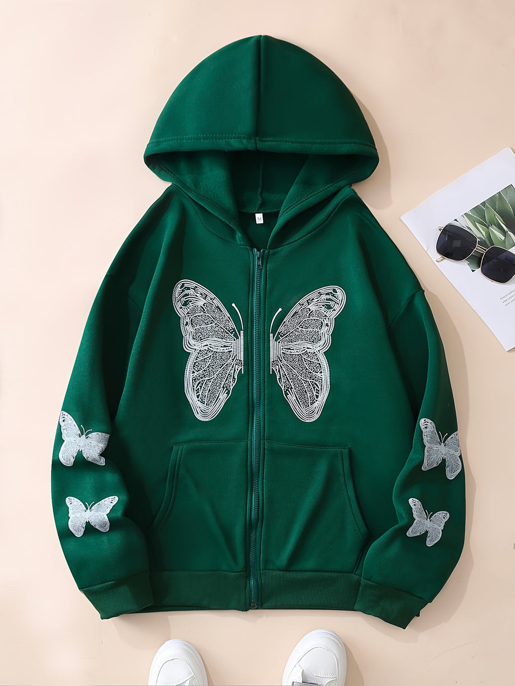 Y2K Butterfly Pattern Zip Up Hoodie, Casual Long Sleeve Drop Shoulder Hoodie, Women's Clothing