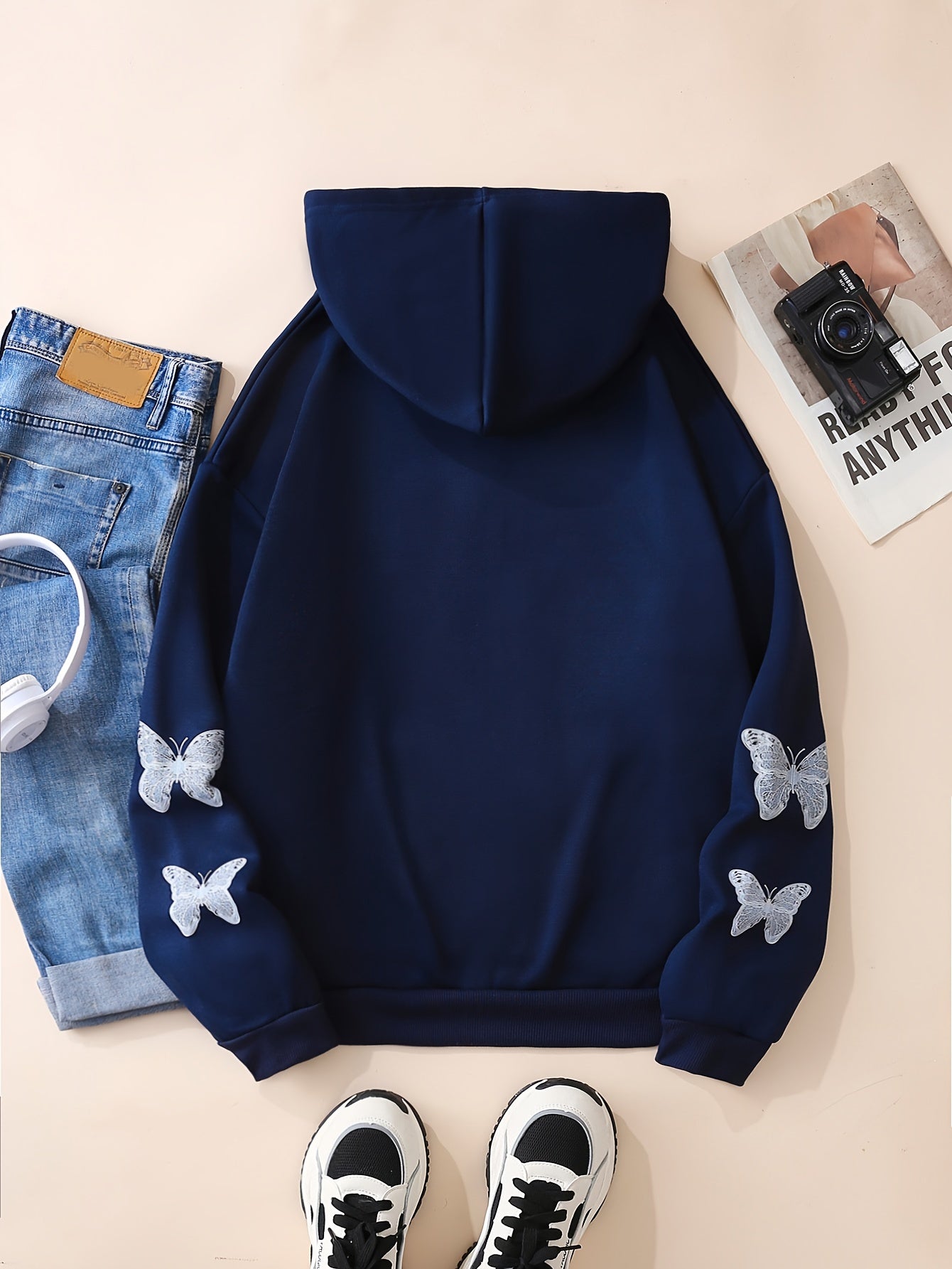 Y2K Butterfly Pattern Zip Up Hoodie, Casual Long Sleeve Drop Shoulder Hoodie, Women's Clothing