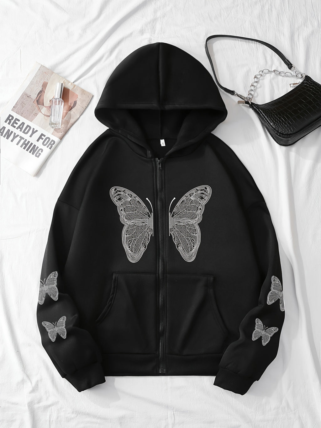 Y2K Butterfly Pattern Zip Up Hoodie, Casual Long Sleeve Drop Shoulder Hoodie, Women's Clothing