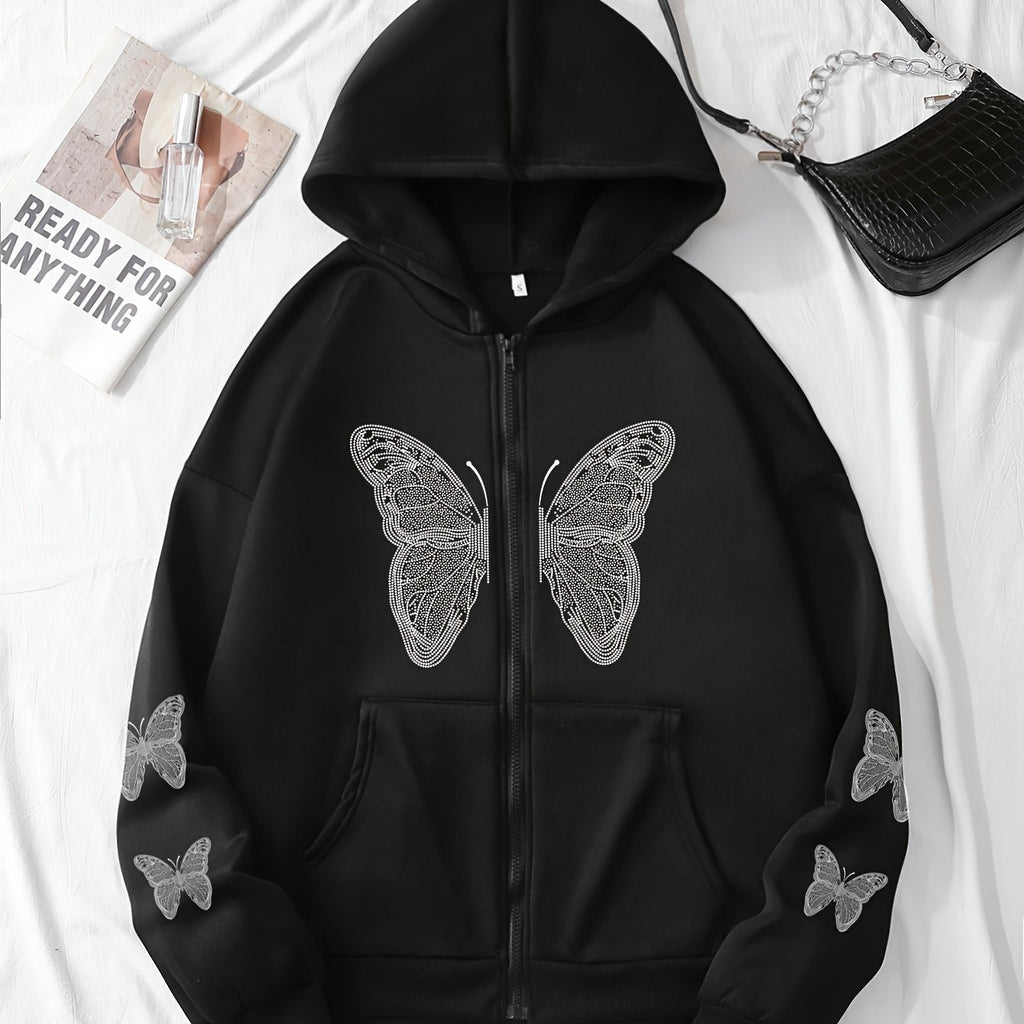 Y2K Butterfly Pattern Zip Up Hoodie, Casual Long Sleeve Drop Shoulder Hoodie, Women's Clothing