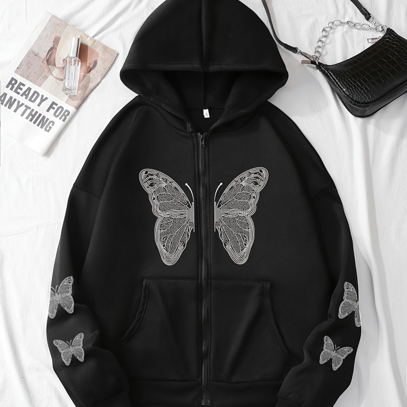 Y2K Butterfly Pattern Zip Up Hoodie, Casual Long Sleeve Drop Shoulder Hoodie, Women's Clothing