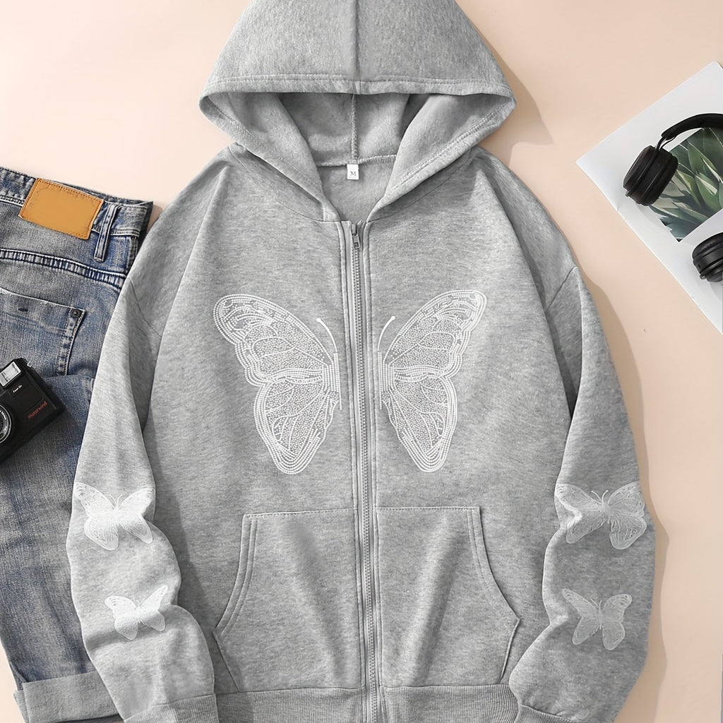 Y2K Butterfly Pattern Zip Up Hoodie, Casual Long Sleeve Drop Shoulder Hoodie, Women's Clothing