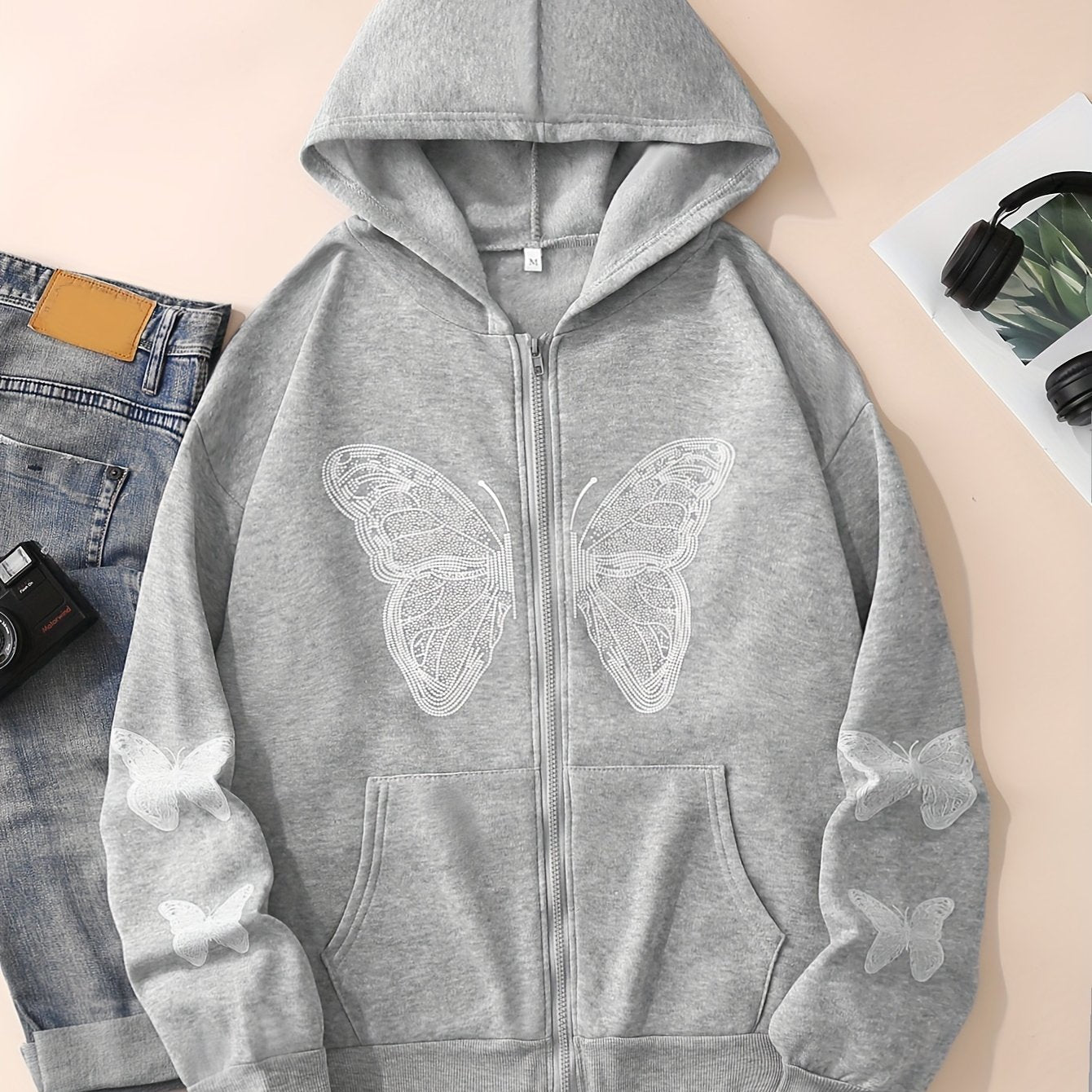 Y2K Butterfly Pattern Zip Up Hoodie, Casual Long Sleeve Drop Shoulder Hoodie, Women's Clothing