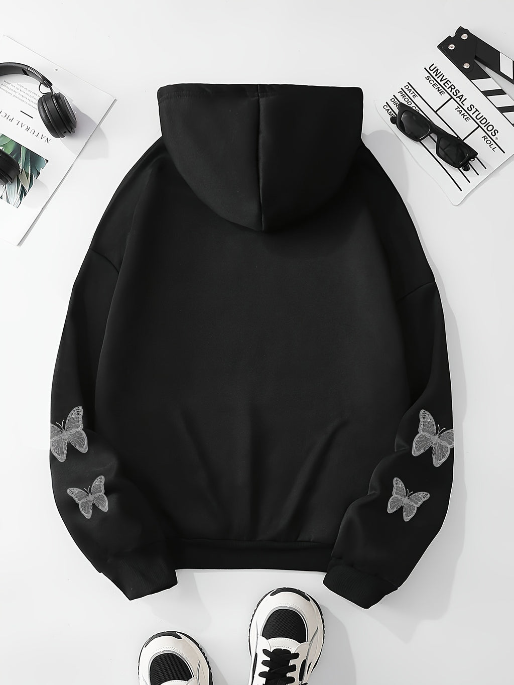 Y2K Butterfly Pattern Zip Up Hoodie, Casual Long Sleeve Drop Shoulder Hoodie, Women's Clothing
