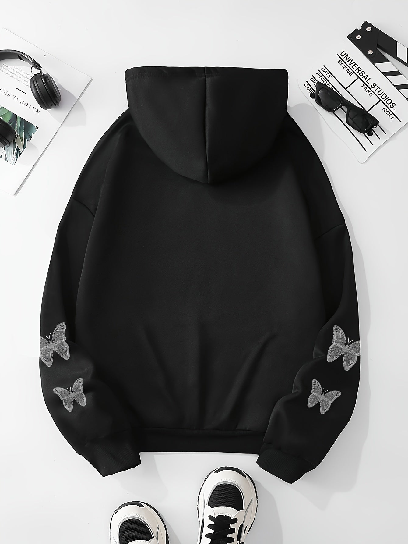 Y2K Butterfly Pattern Zip Up Hoodie, Casual Long Sleeve Drop Shoulder Hoodie, Women's Clothing
