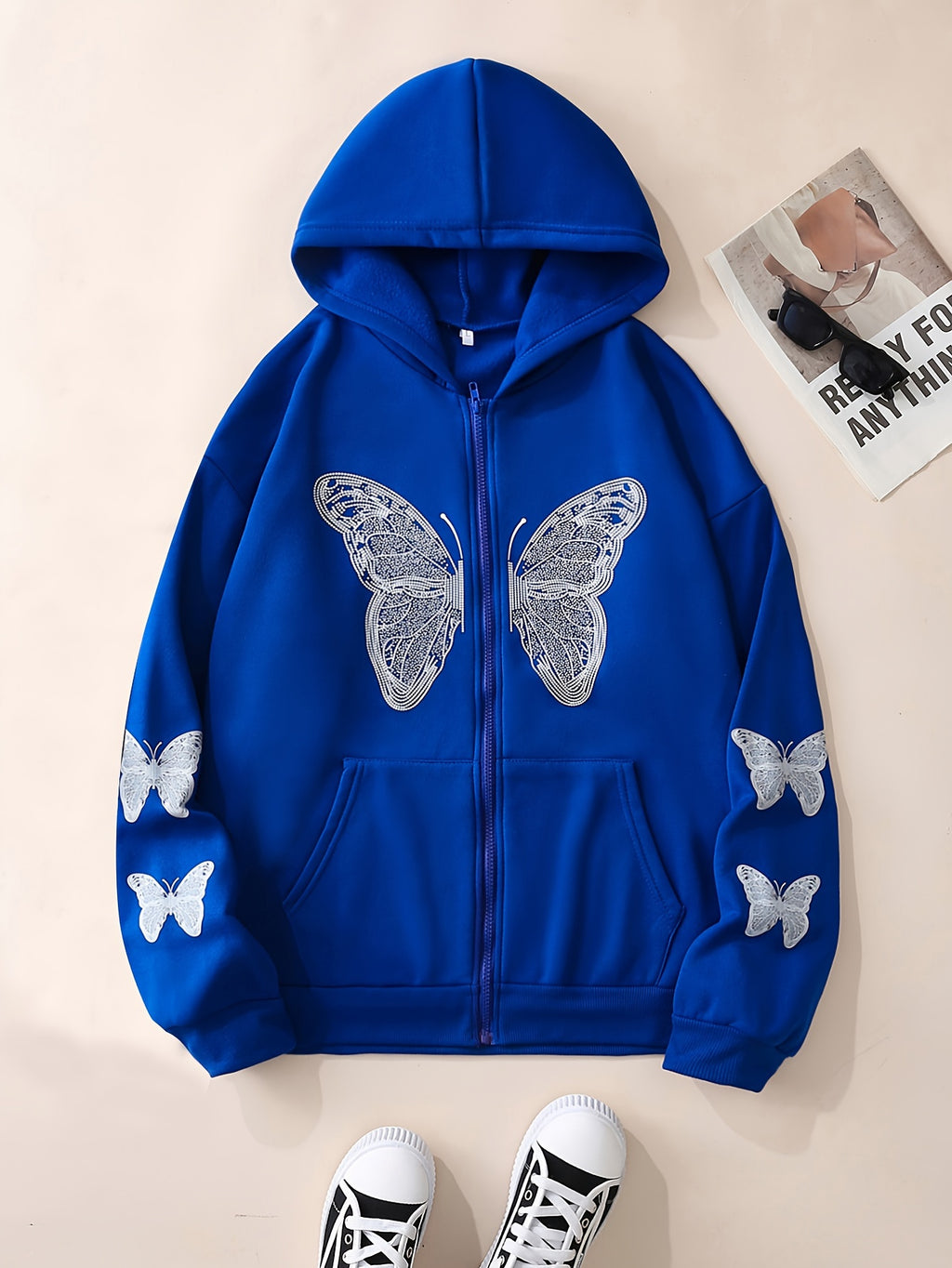Y2K Butterfly Pattern Zip Up Hoodie, Casual Long Sleeve Drop Shoulder Hoodie, Women's Clothing
