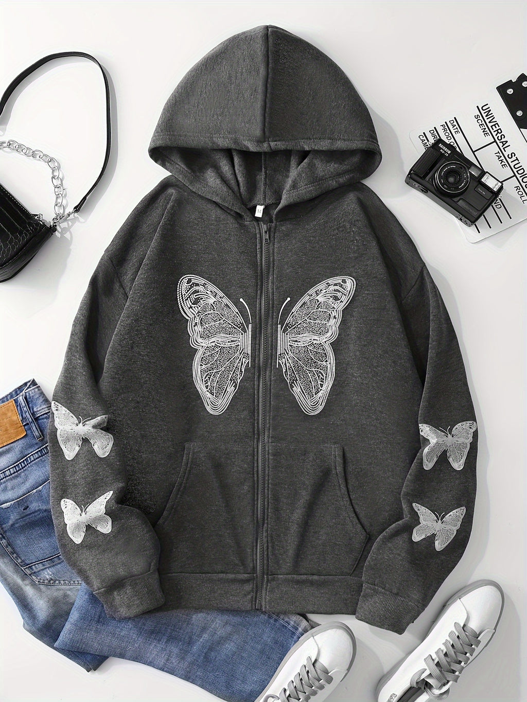 Y2K Butterfly Pattern Zip Up Hoodie, Casual Long Sleeve Drop Shoulder Hoodie, Women's Clothing