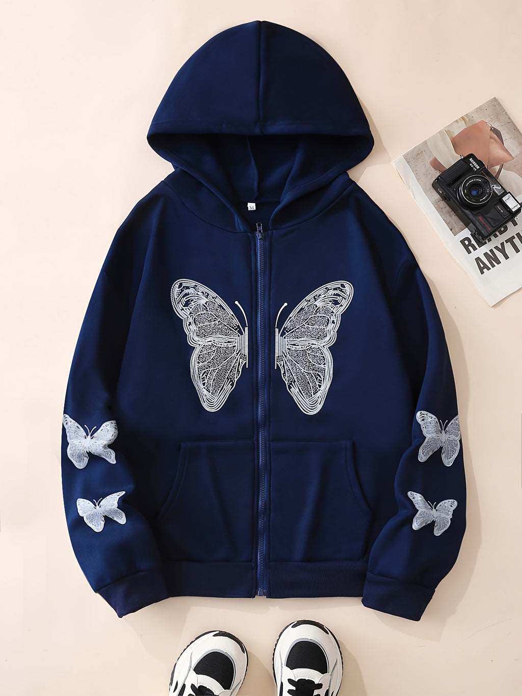 Y2K Butterfly Pattern Zip Up Hoodie, Casual Long Sleeve Drop Shoulder Hoodie, Women's Clothing