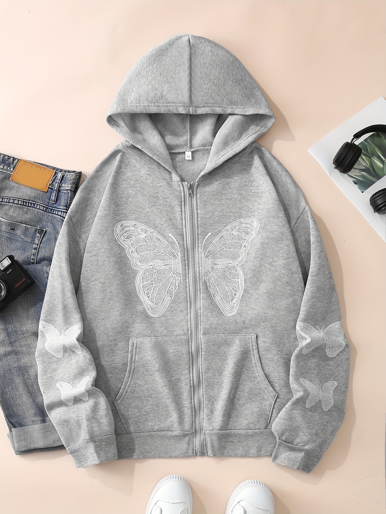 Y2K Butterfly Pattern Zip Up Hoodie, Casual Long Sleeve Drop Shoulder Hoodie, Women's Clothing