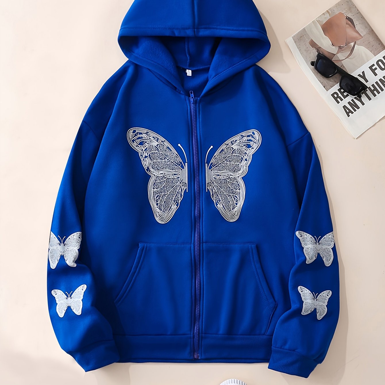 Y2K Butterfly Pattern Zip Up Hoodie, Casual Long Sleeve Drop Shoulder Hoodie, Women's Clothing